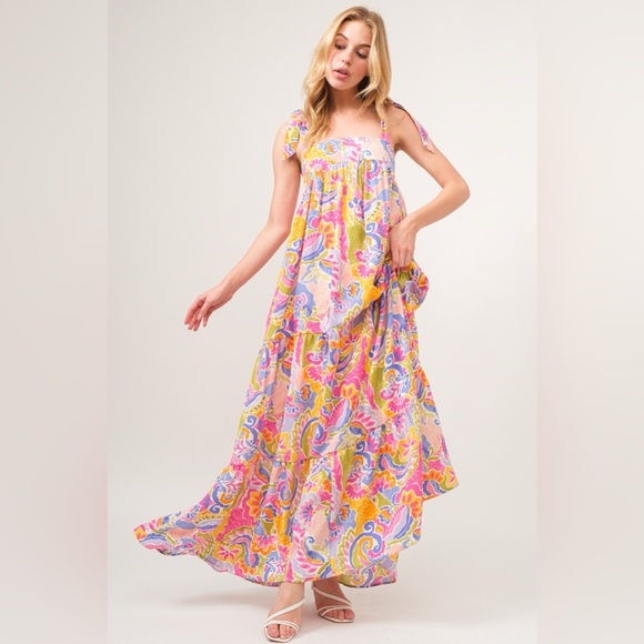 And The Why Printed Tie Shoulder Tiered Maxi Dress - Picture 3 of 4